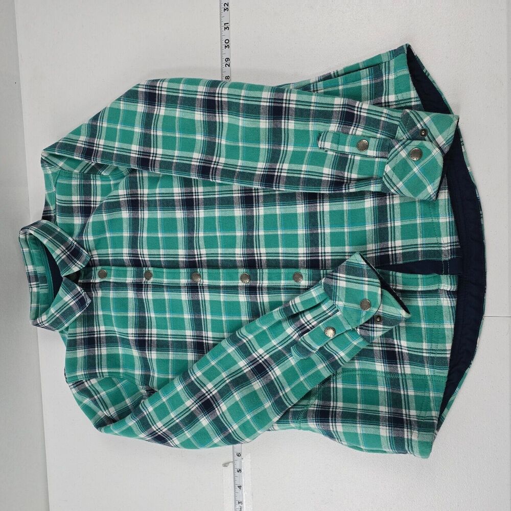 Orvis womens M Plaid Fleece-Lined Snap Button Flannel Shirt Green Navy 4344‎